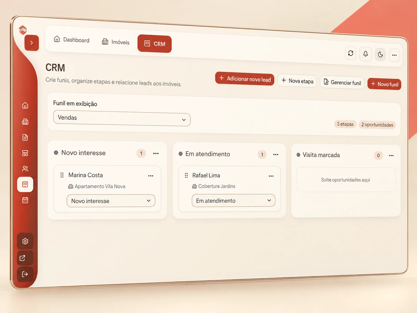 CRM e oportunidades em modo claro, composição baseada na tela real com dados demonstrativos