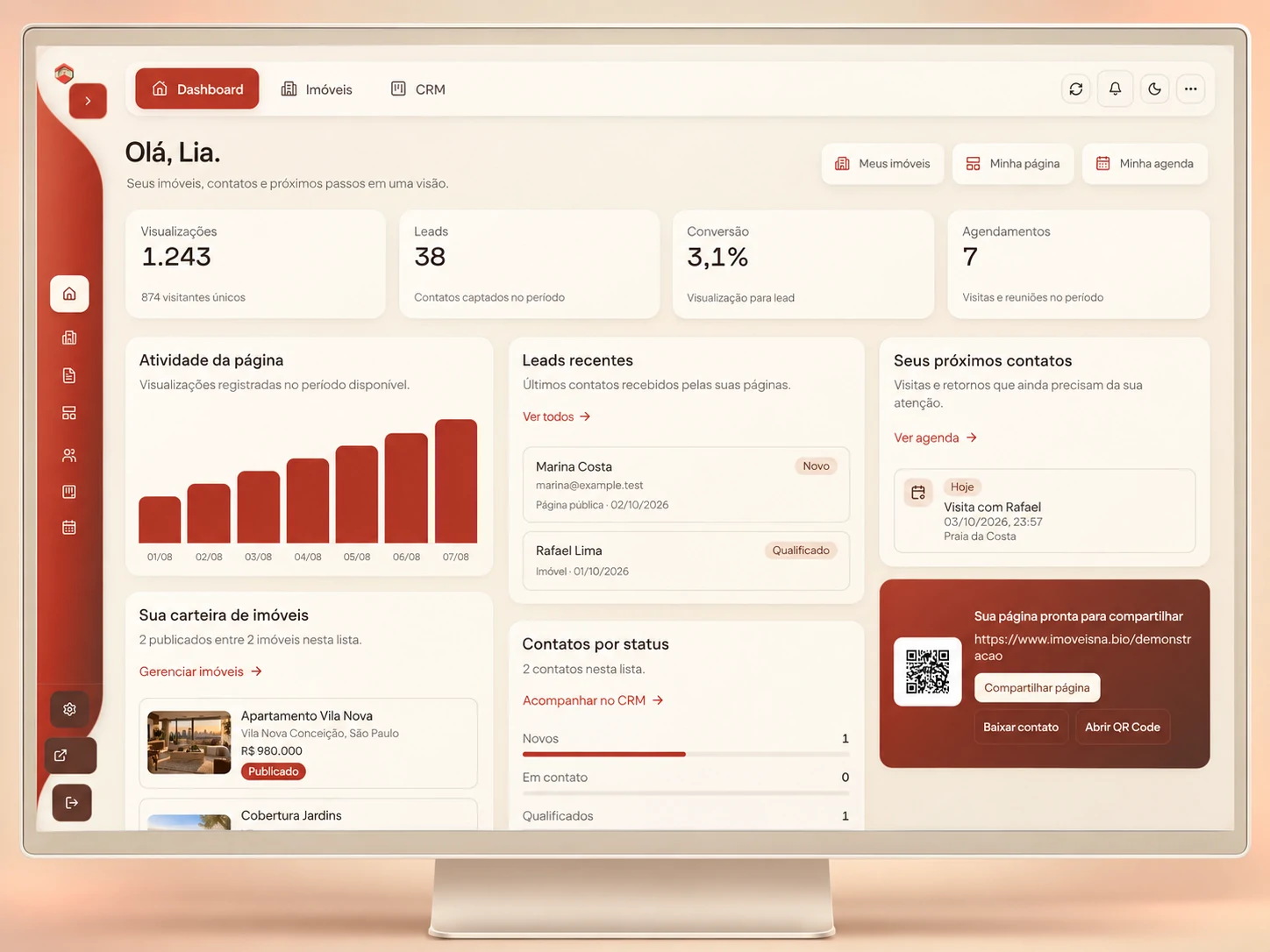 Visitas e interesses em modo claro, composição baseada na tela real com dados demonstrativos